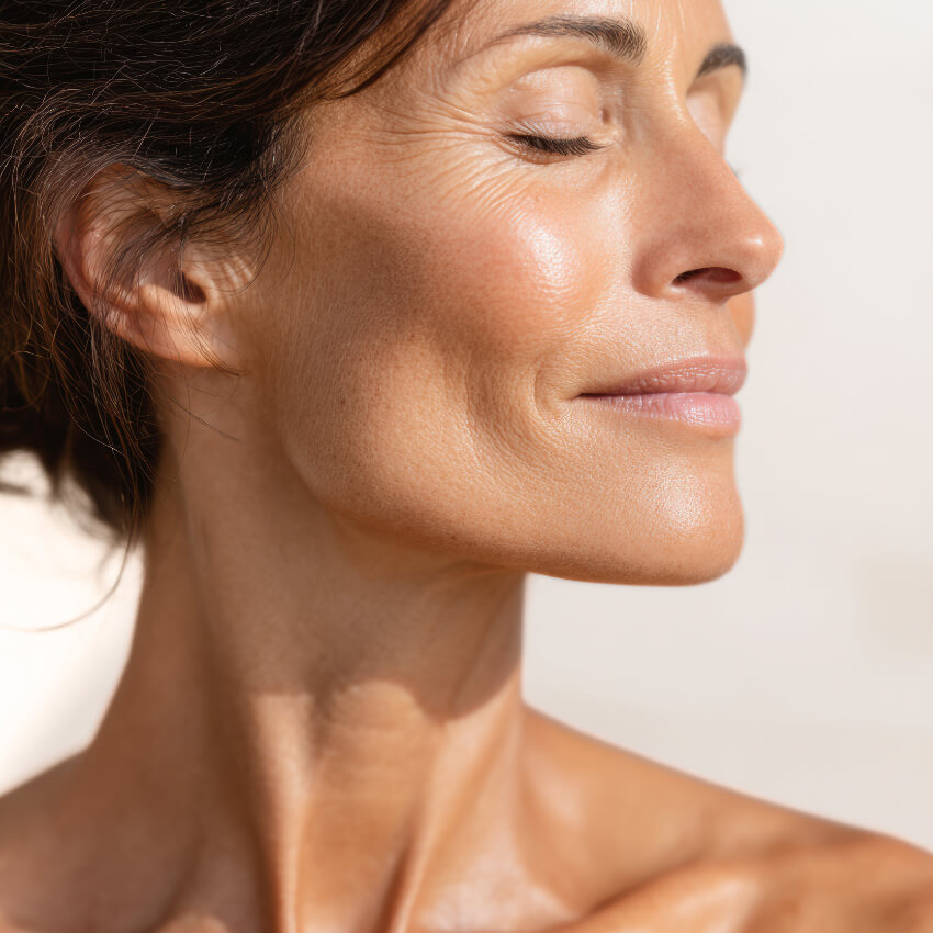 Close-up of a smiling woman touching her face, highlighting smooth skin and youthful appearance.