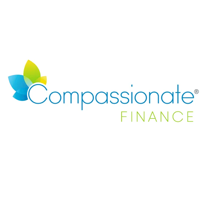 Logo for Compassionate Finance featuring blue and green leaf design.