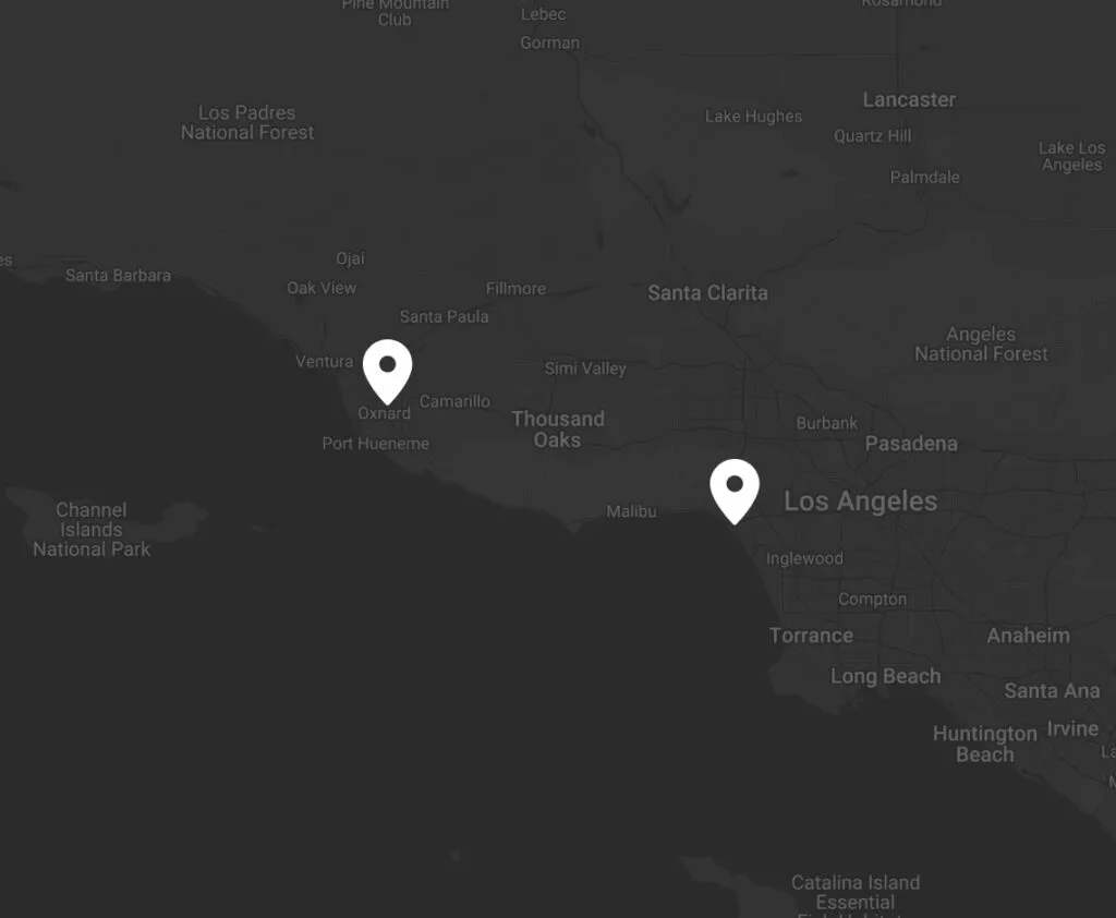 Map showing locations of a Plastic Surgery Center near Los Angeles and Oxnard, California.