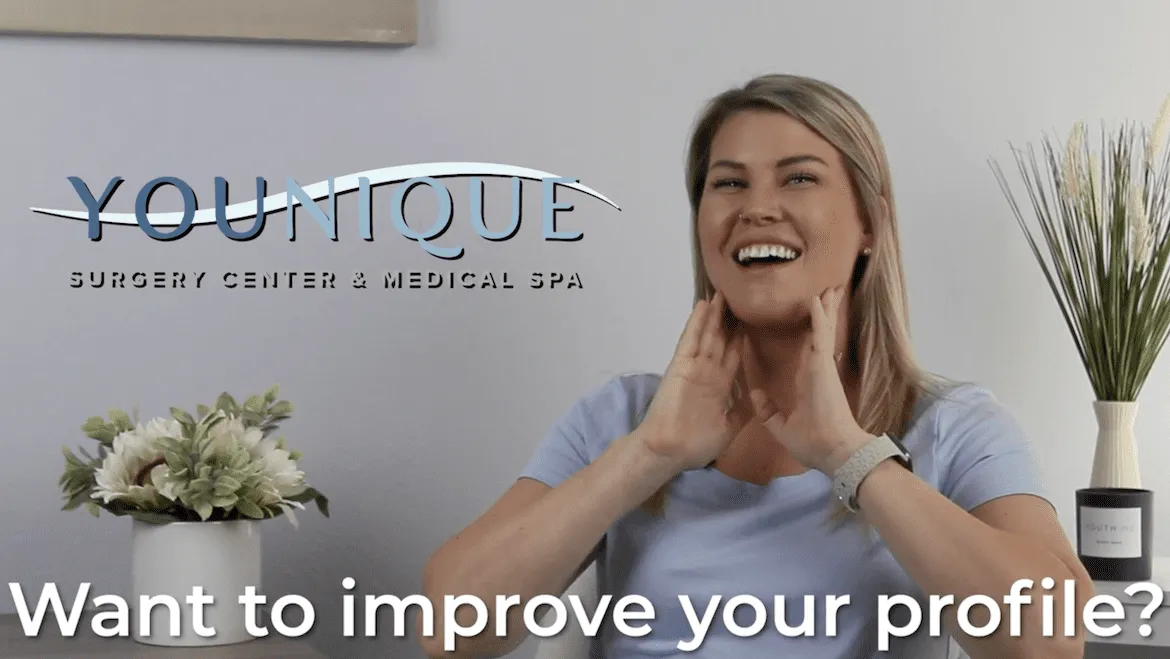 Smiling woman touching neck with text "Want to improve your profile?" and medical spa logo.