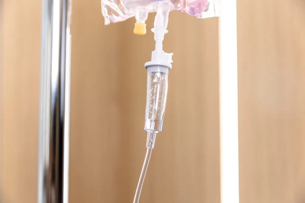 IV drip bag in a medical facility.
