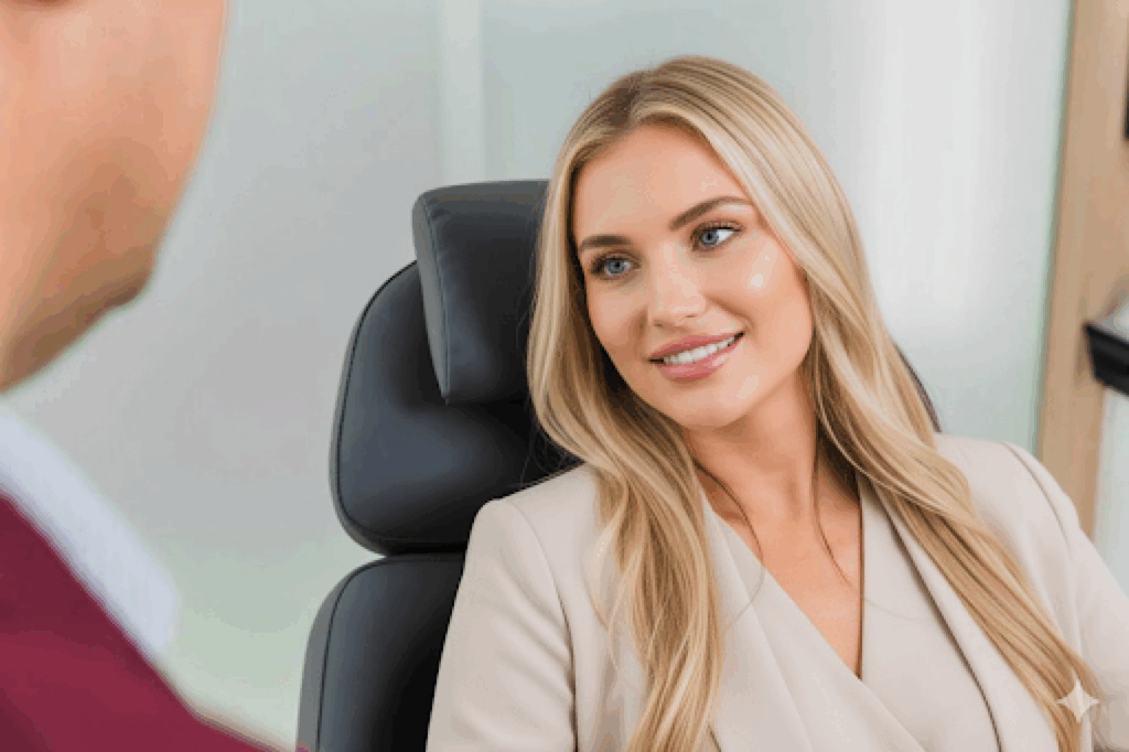 A smiling woman sits in a consultation chair at a plastic surgery center.
