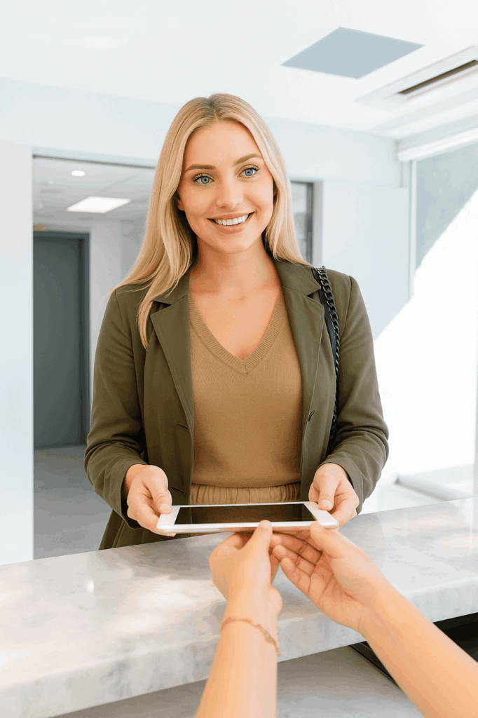 Smiling woman in a black jacket at a plastic surgery center reception.