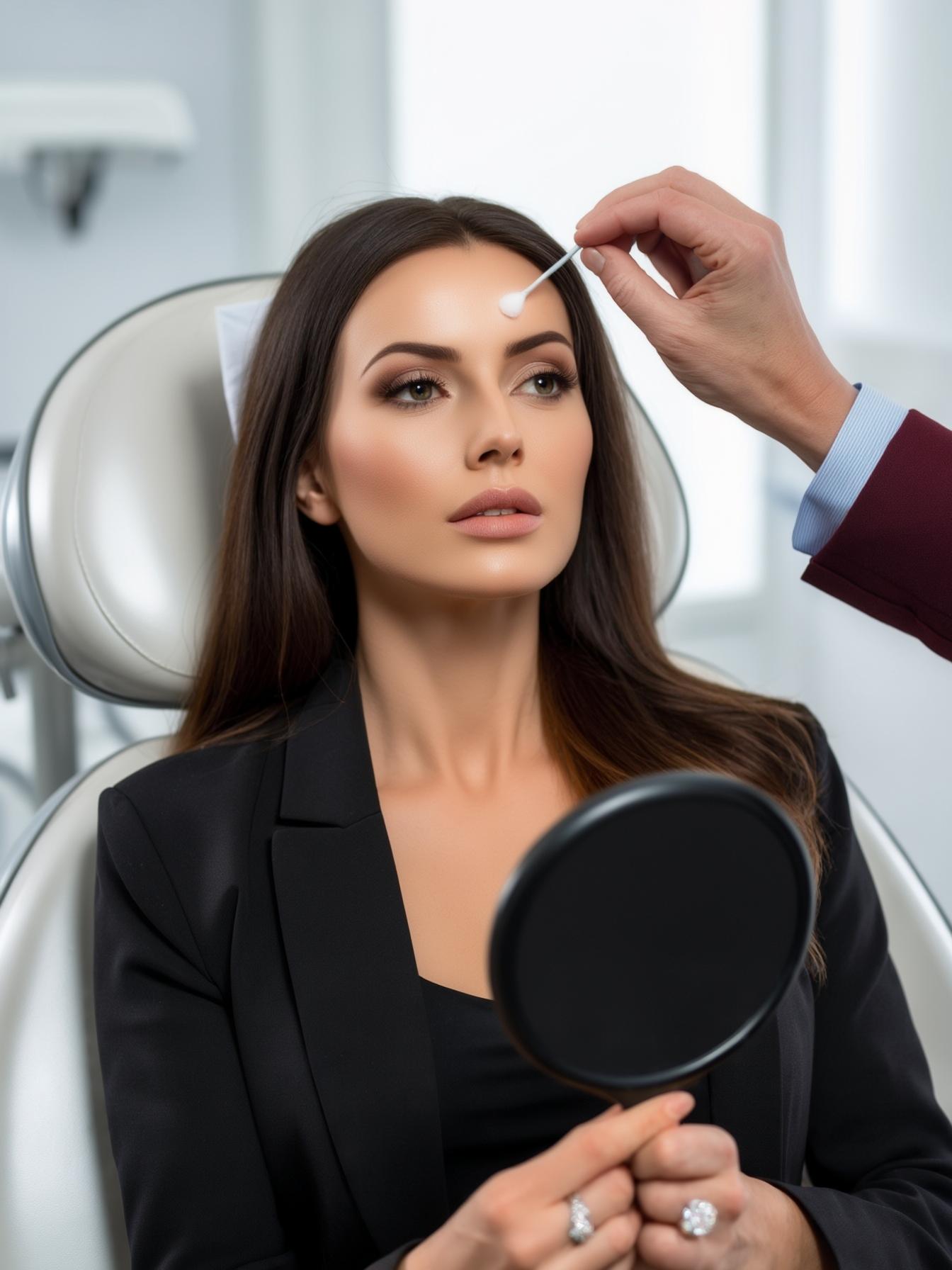 Woman contemplating cosmetic procedure while holding hand mirror, consultation at plastic surgery clinic.
