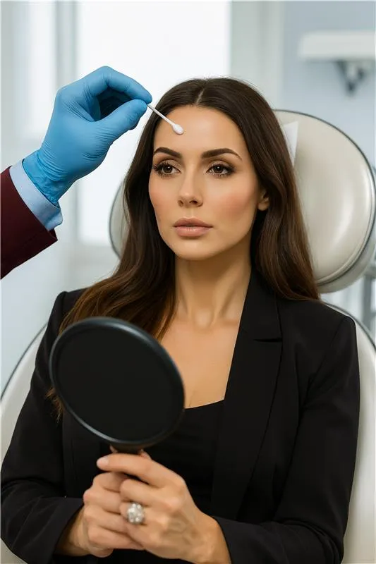 Woman contemplating cosmetic procedure while holding hand mirror, consultation at plastic surgery clinic.